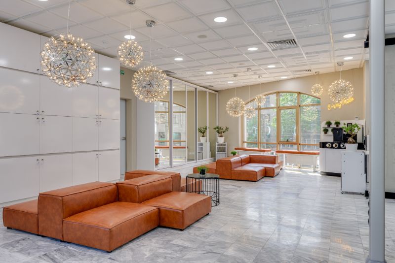 A commercial waiting room with epoxy floors