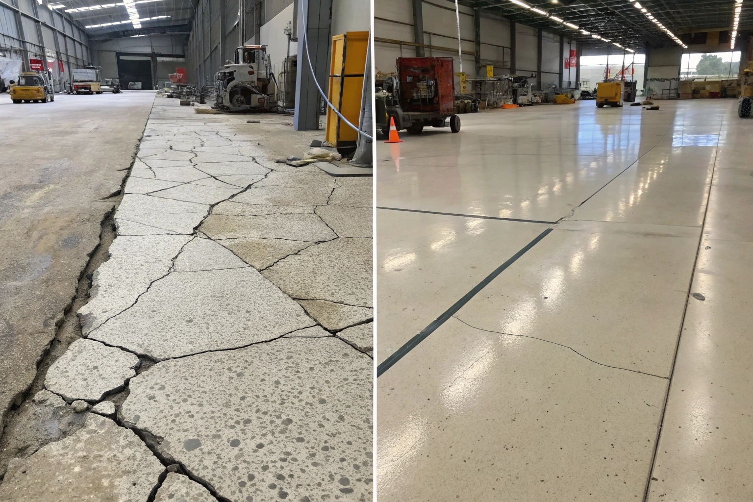 Concrete overlay and topping repair in Buderim showing transformation from damaged to smooth surface