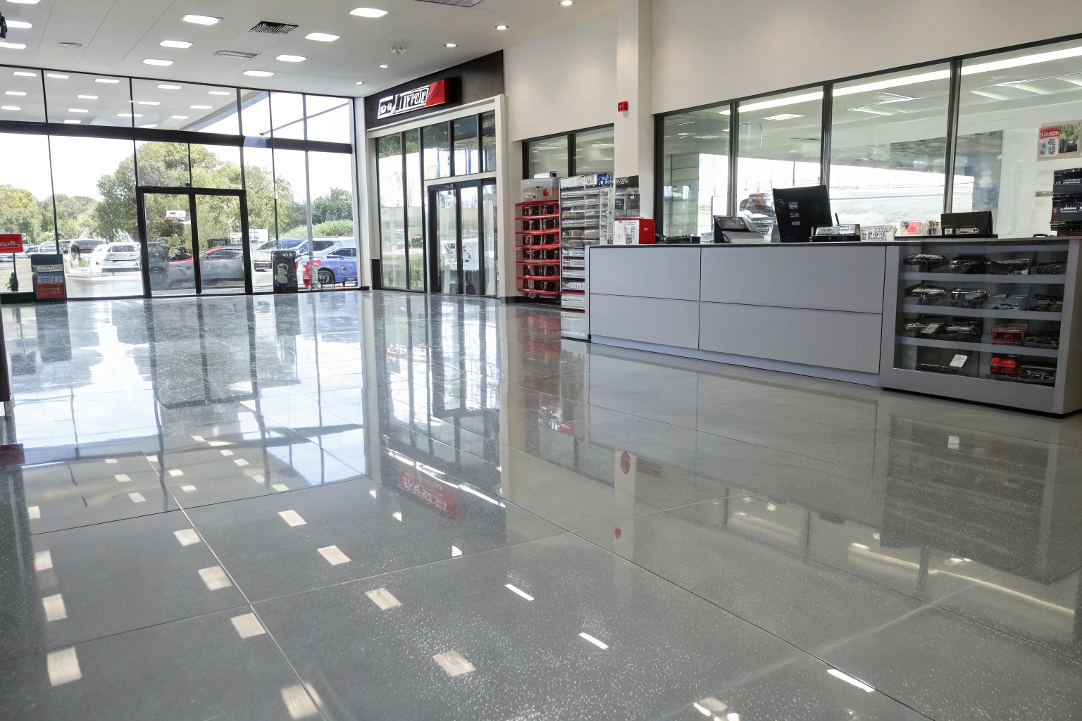 Commercial epoxy flooring installation in Buderim retail store showing glossy gray finish and professional appearance