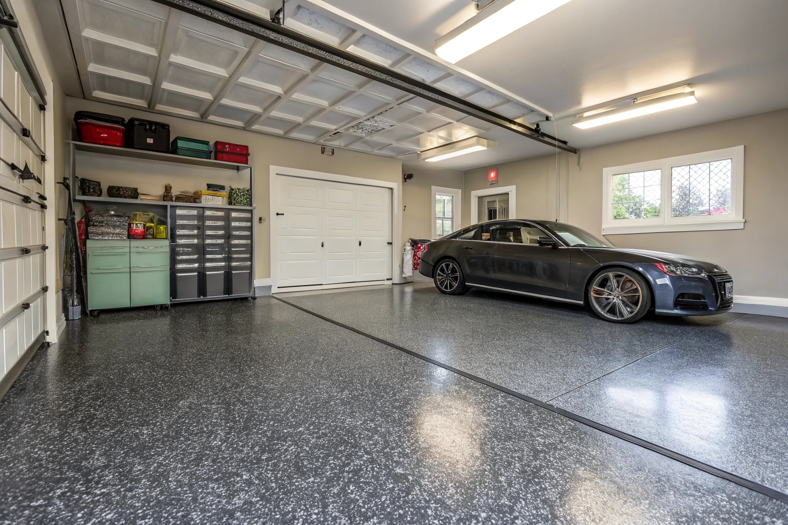 Premium metallic epoxy garage flooring in Buderim home with luxury car showcasing glossy finish
