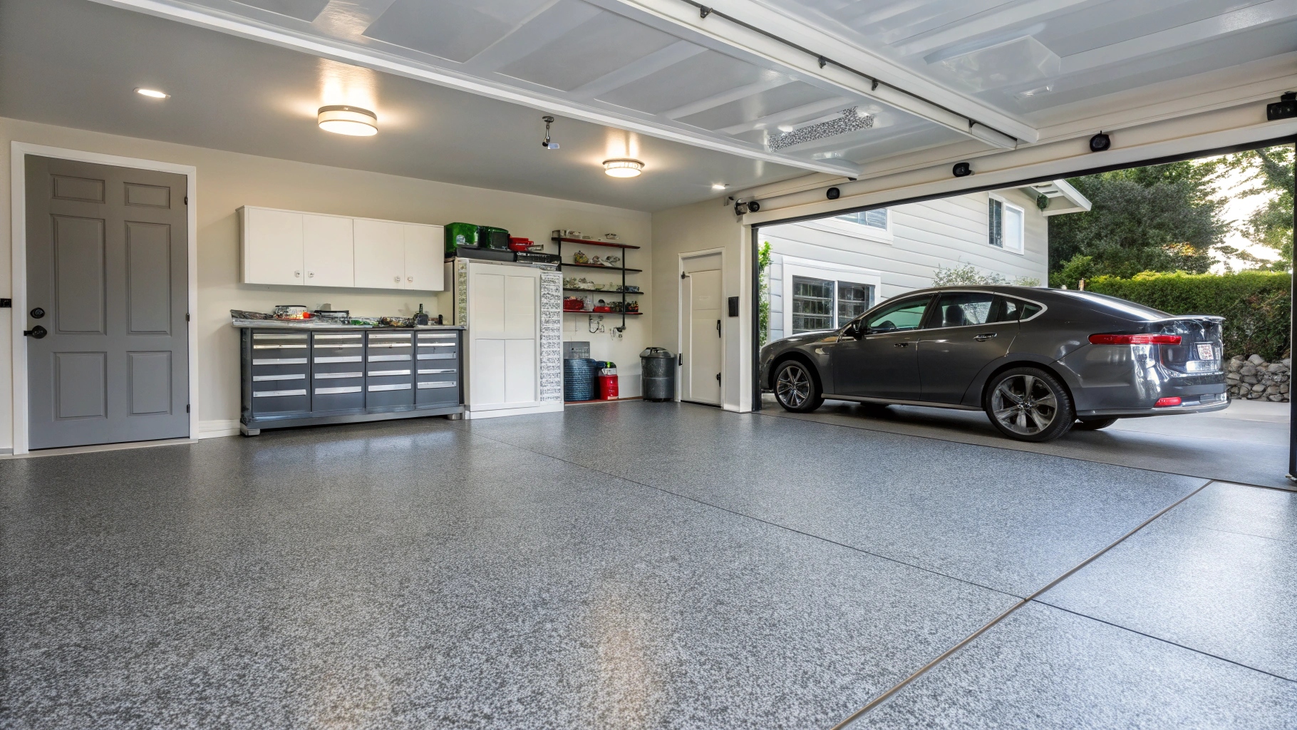 Residential garage epoxy flooring in Kawana Waters showing durable gray coating finish