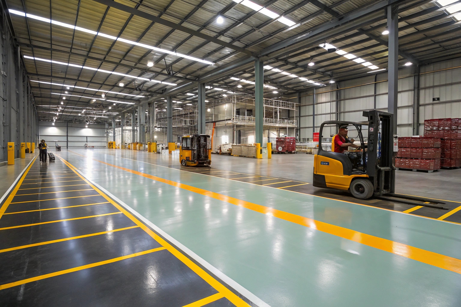 Heavy-duty industrial epoxy flooring in Buderim warehouse with safety markings and equipment