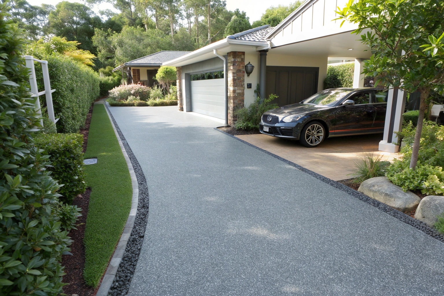 Completed decorative driveway floor coating project with flake finish on Sunshine Coast residential property, showing professional results