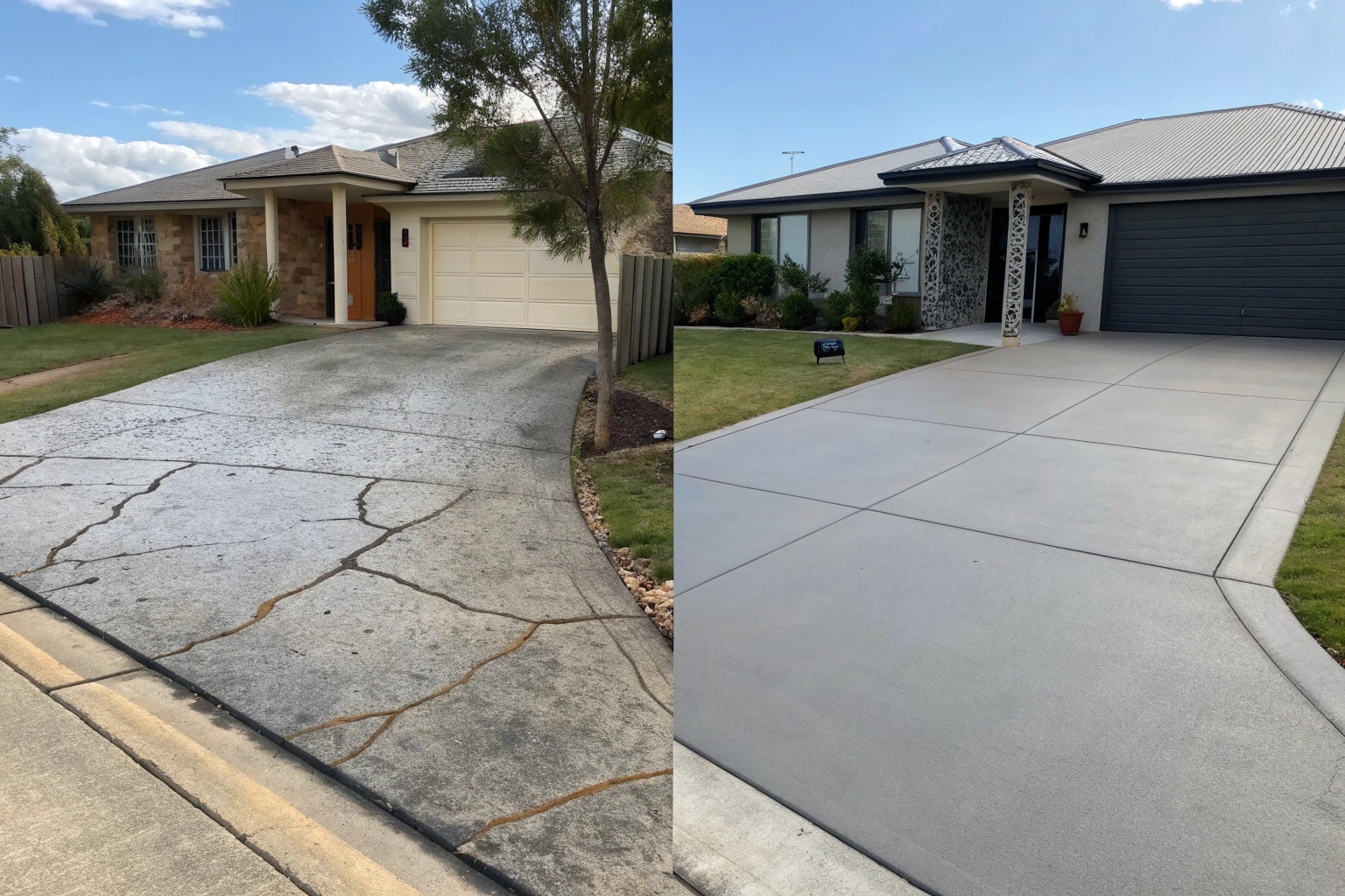 Before and after driveway floor coating transformation showing stained concrete versus premium coated surface on Sunshine Coast home