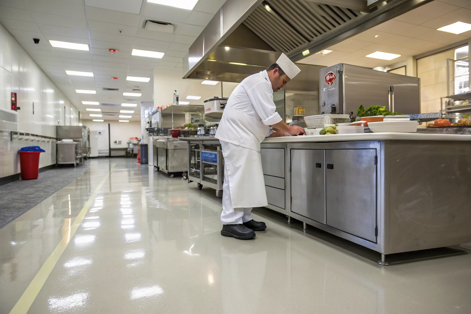 Chef working safely on slip-resistant epoxy flooring in Sunshine Coast commercial kitchen