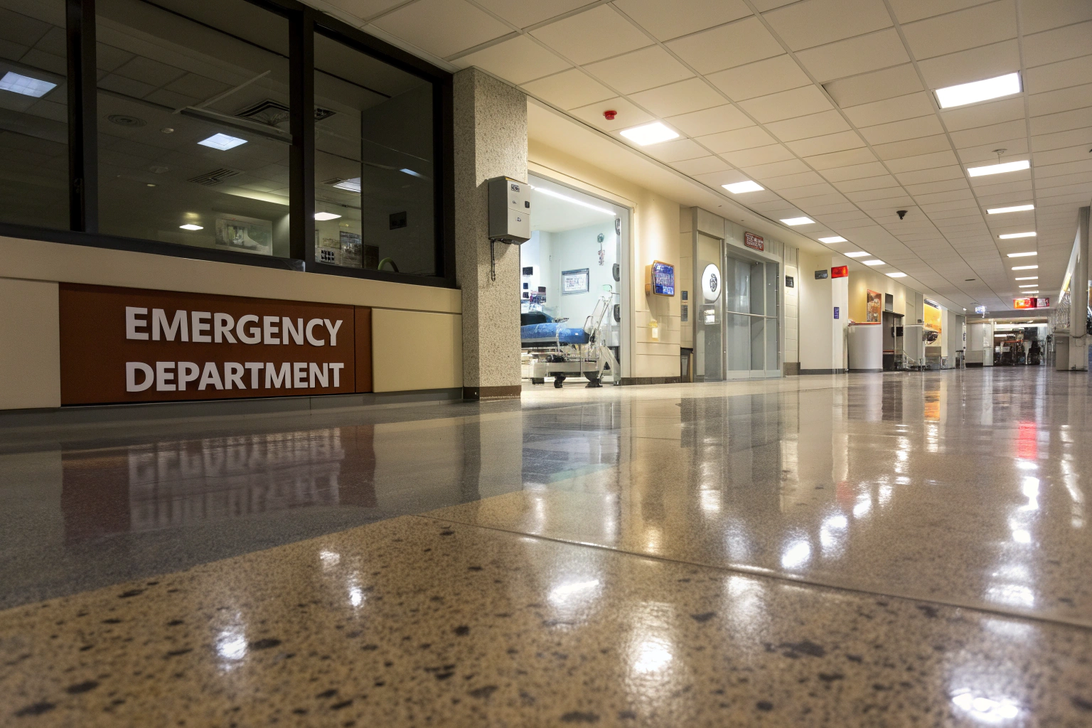 High-traffic epoxy flooring in hospital emergency department showing durability under continuous use