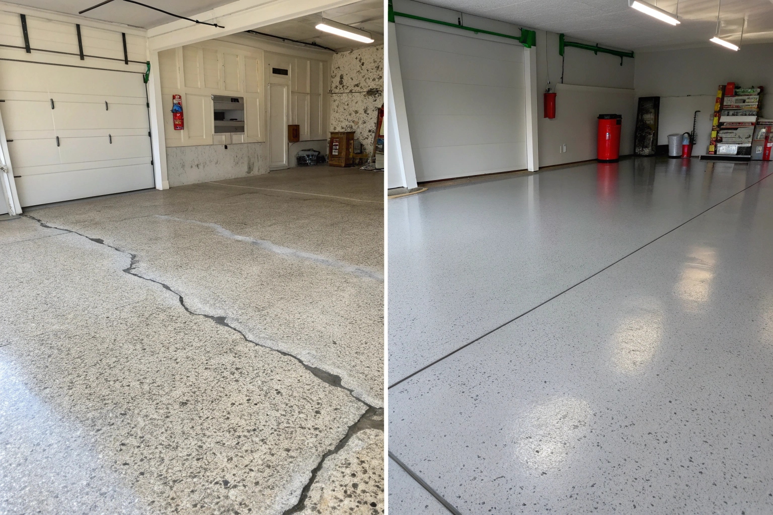 Before and after garage floor transformation showing flake epoxy flooring installation results
