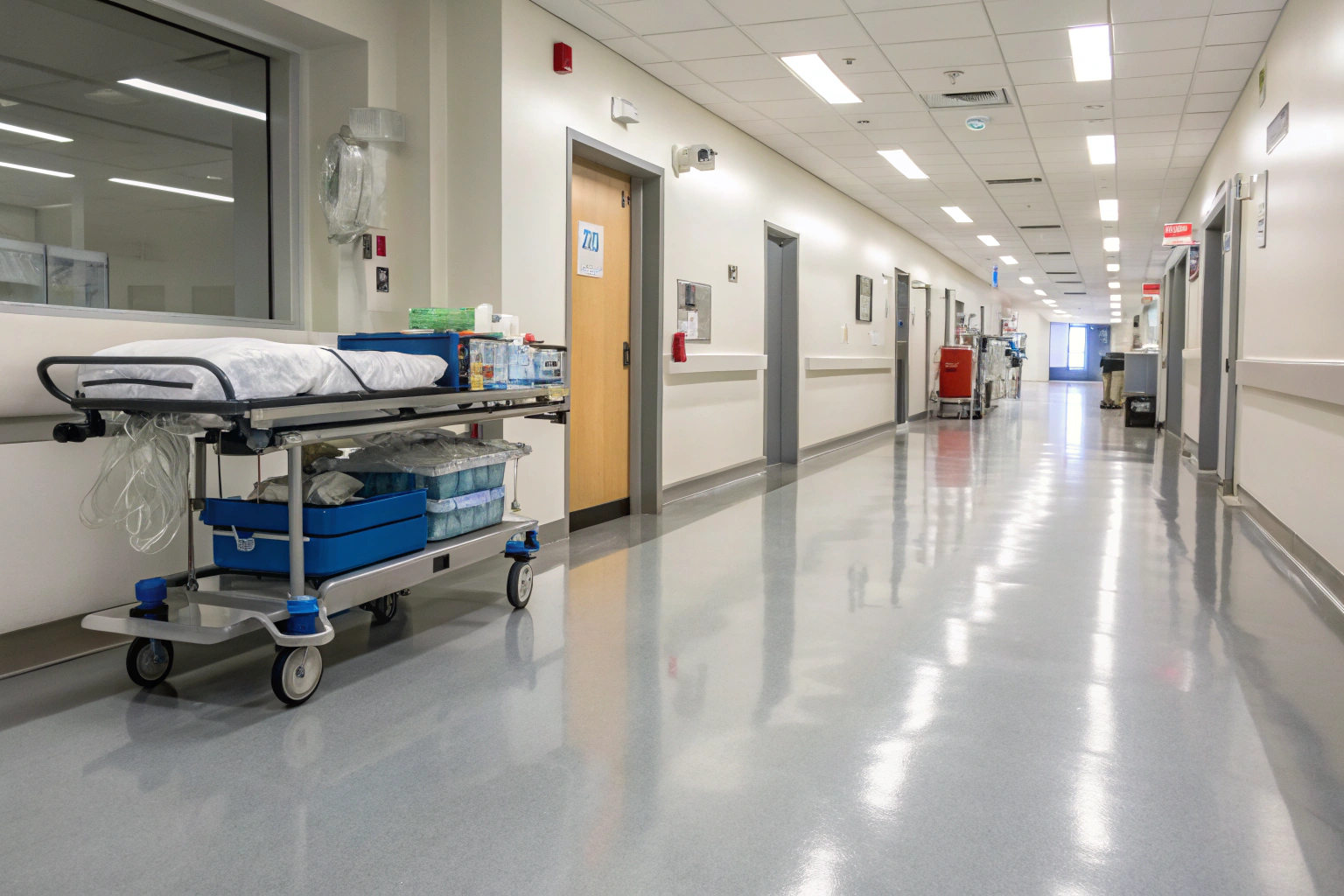 Medical equipment cart rolling on durable epoxy flooring in hospital corridor