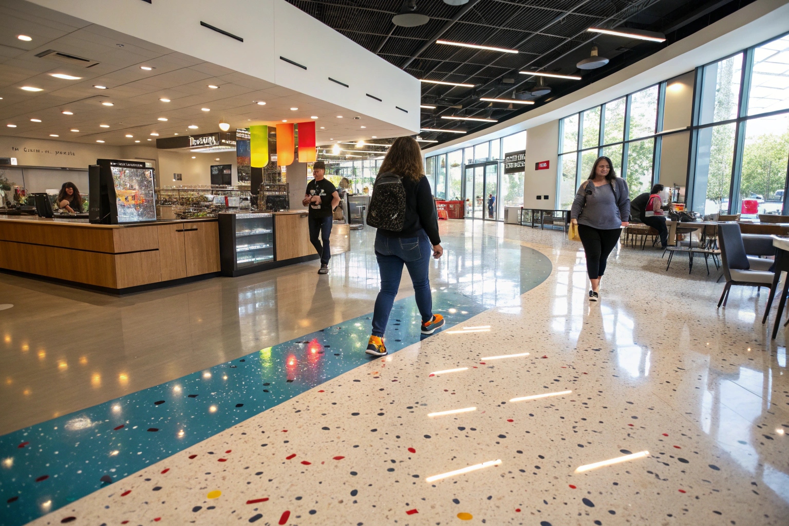 Commercial application of flake epoxy flooring in retail environment showing durability and aesthetics