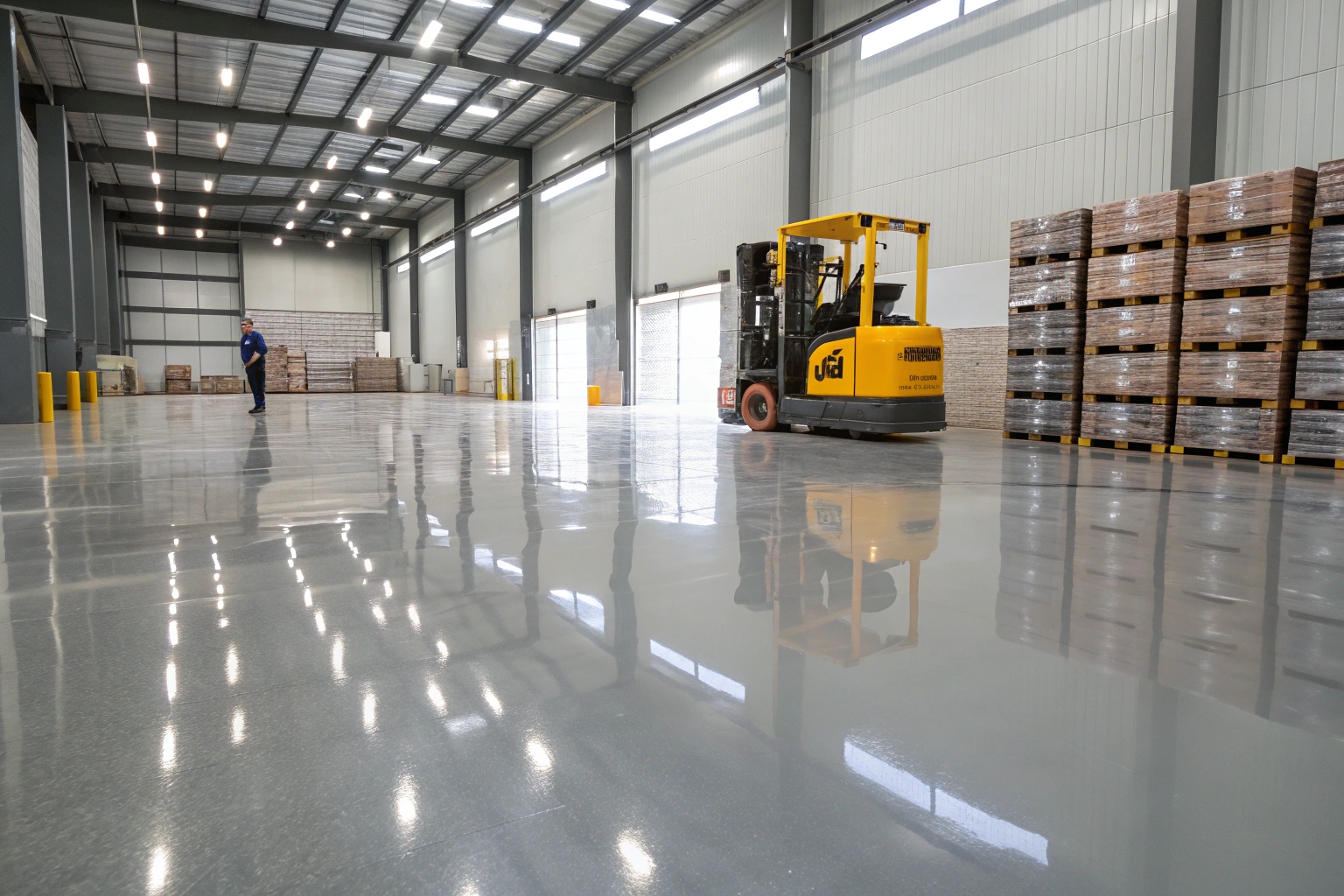 Industrial warehouse with professional epoxy flooring showing forklift operations and bright, clean working conditions on the Sunshine Coast