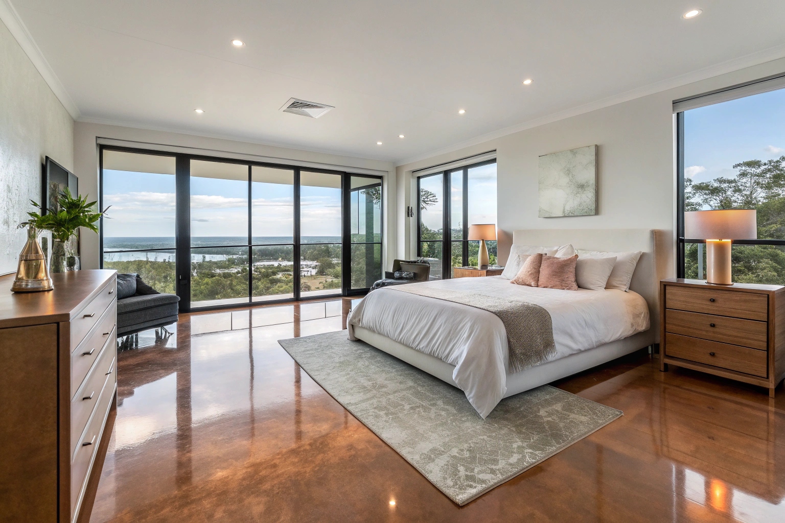 Rose gold metallic epoxy flooring in luxury Sunshine Coast master bedroom