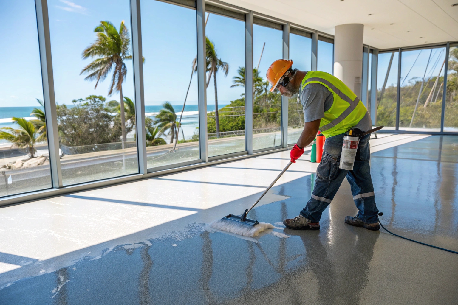 A Professional applying non-slip epoxy coating to a commercial floor on the Sunshine Coast