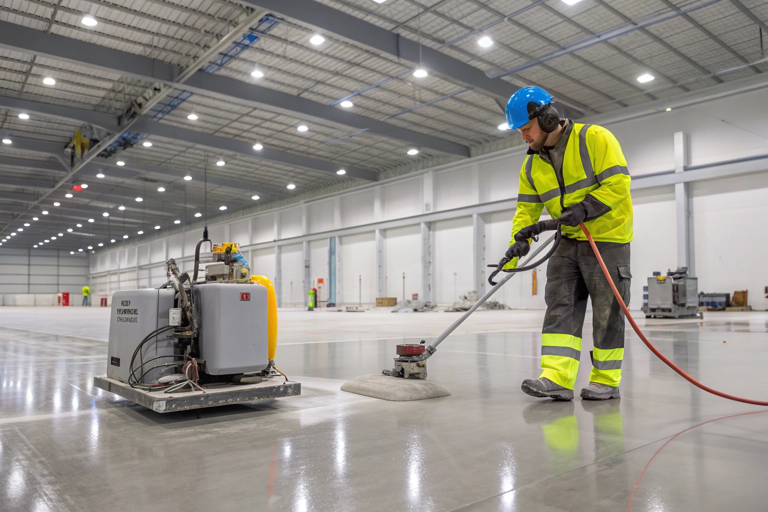 Professional industrial warehouse flooring installation in progress showing expert application techniques and safety standards