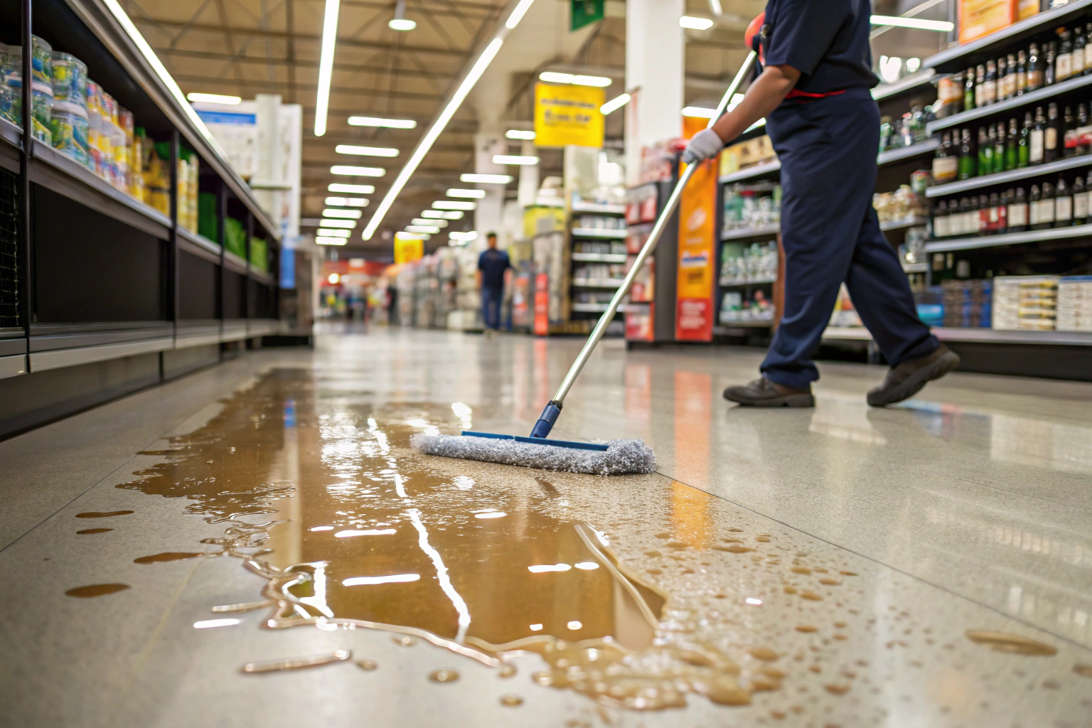 Easy cleanup of retail spills on stain-resistant epoxy flooring with simple mopping