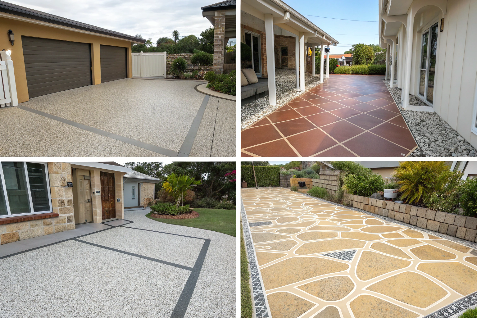 Various patio epoxy coating color schemes and design options including coastal palettes, earth tones, and contemporary neutrals for different Sunshine Coast home styles