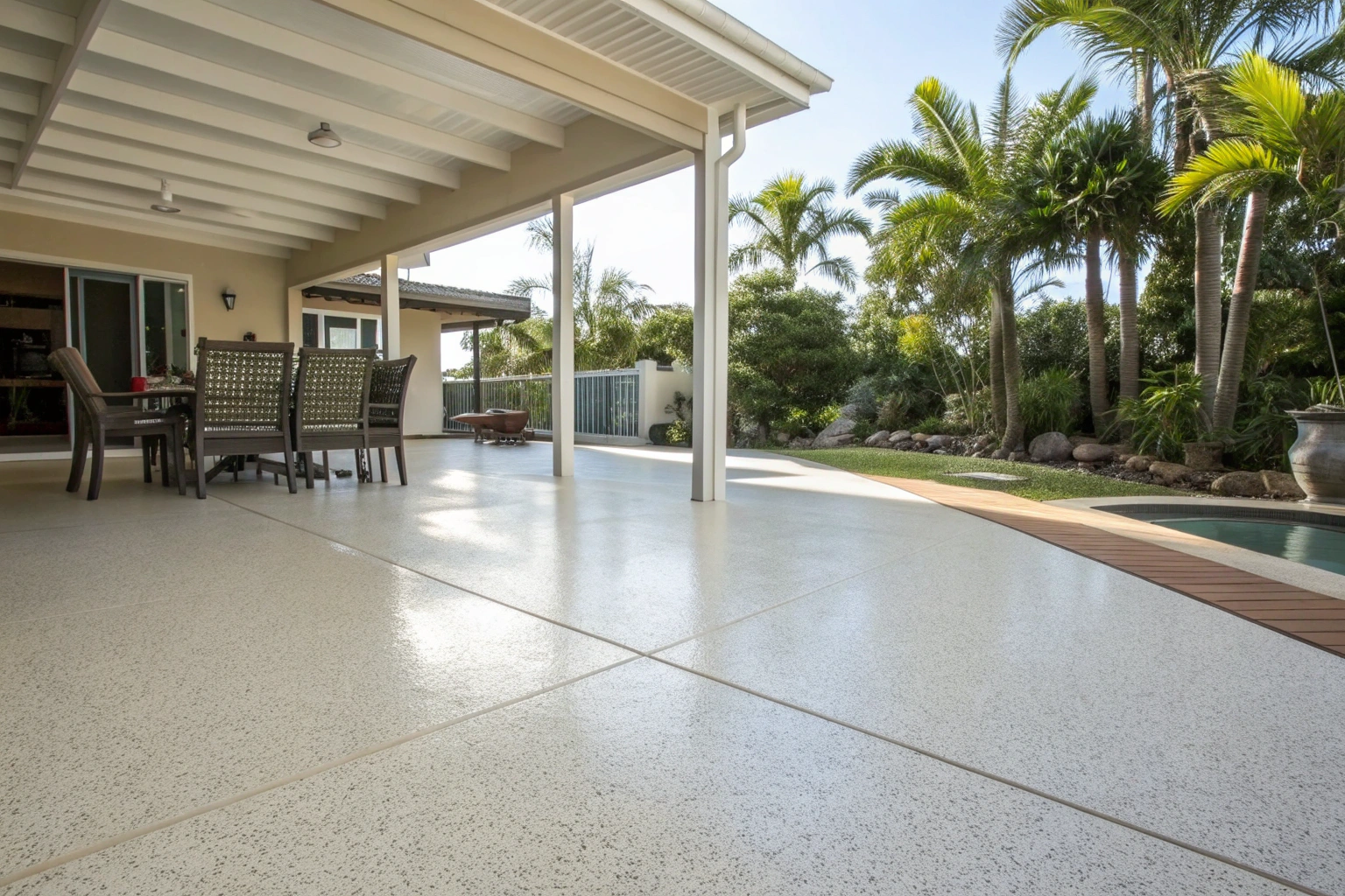 Pristine epoxy-coated patio with water gently flowing off surface. Sunshine Coast home with pool, outdoor furniture, palm trees. Glossy coating gleaming in sunlight, showing excellent maintenance and durability.