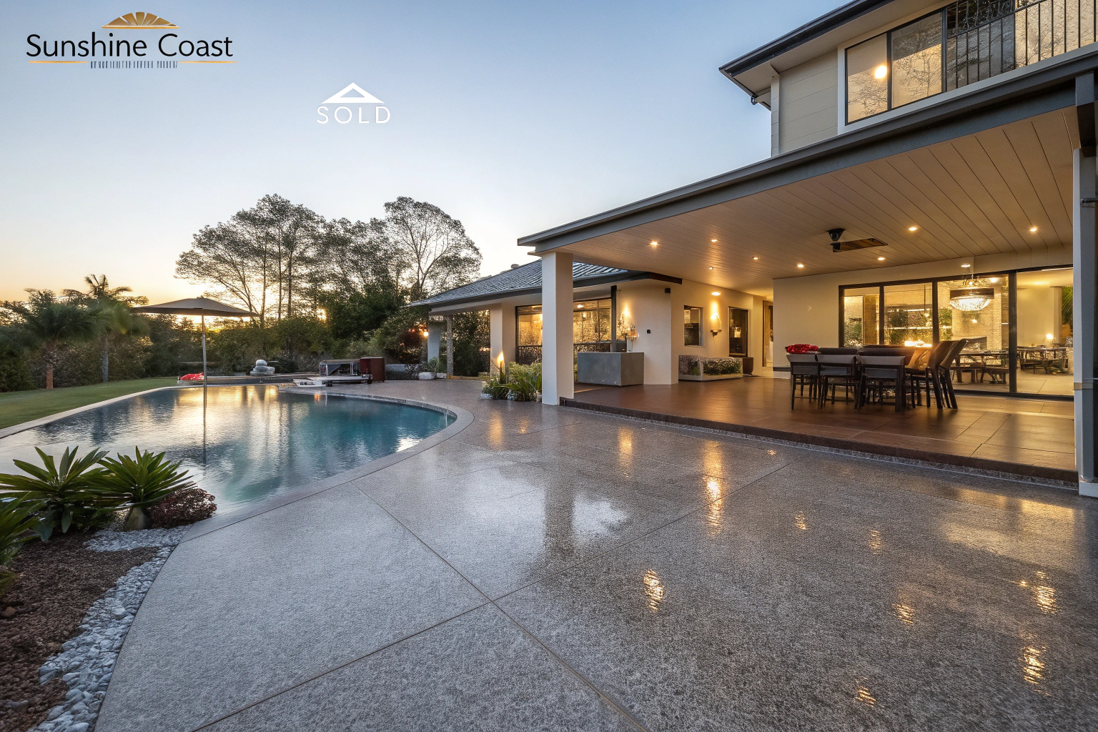 Sunshine Coast home with premium epoxy-coated patio showing increased property value and reduced maintenance costs compared to untreated concrete surfaces