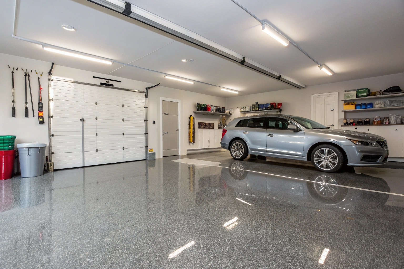 Professional epoxy garage flooring installation, Sunshine Coast, showing glossy grey floor in organised family garage