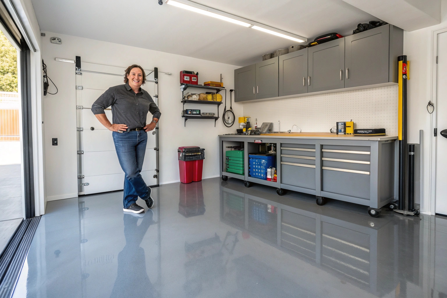 Happy Sunshine Coast homeowner with new epoxy garage flooring transformation showing metallic finish results