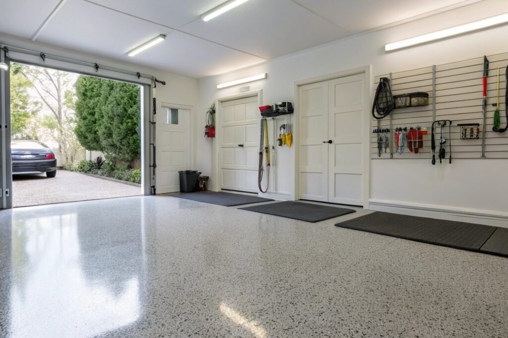 Organised garage with epoxy floor and entry mat on Sunshine Coast