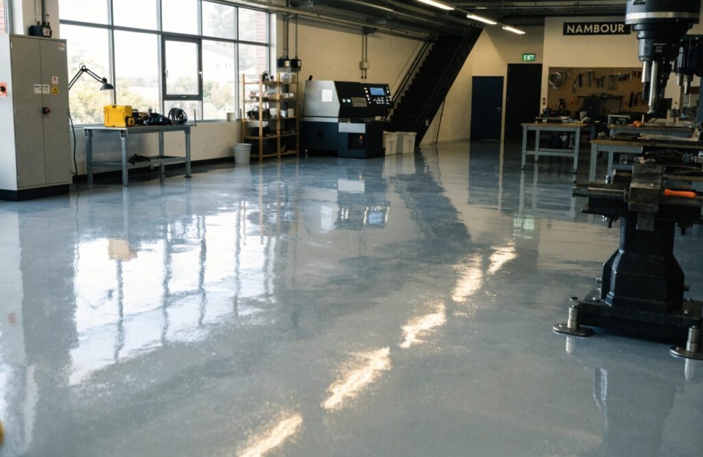 commercial epoxy flooring Nambour workshop with heavy machinery