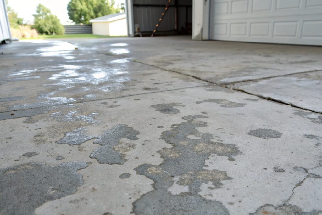 Peeling and bubbling concrete paint on a garage floor showing adhesion failure